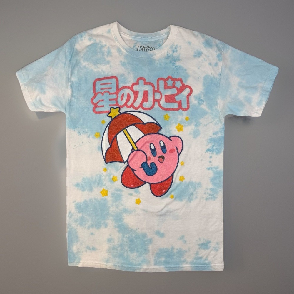 Kirby Japanese Graphic Tee Tie Dye Nintendo Glitter Print Blue Small